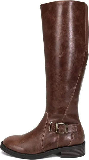 Soda “NECTAR” ~ Women Round Toe Buckle Belted Strap Top Shaft Elastic Gore Low Heel Knee-High Riding Boot with Side Zipper