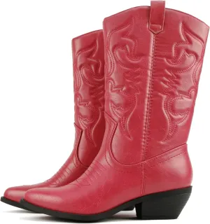 Soda “Rodeo” ~ Women's Knee High Western Cowboy Boots with Stitched Detailing, Pointed Toe, and Low Block Heel