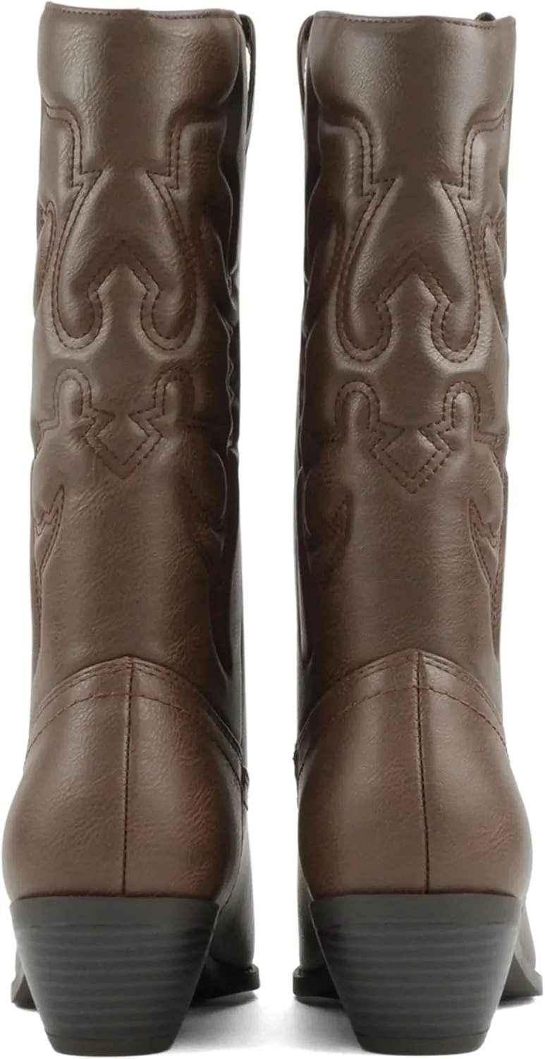Soda “Rodeo” ~ Women's Knee High Western Cowboy Boots with Stitched Detailing, Pointed Toe, and Low Block Heel