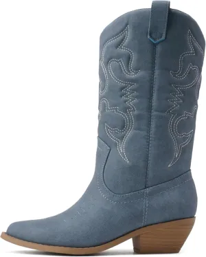 Soda “Rodeo” ~ Women's Knee High Western Cowboy Boots with Stitched Detailing, Pointed Toe, and Low Block Heel