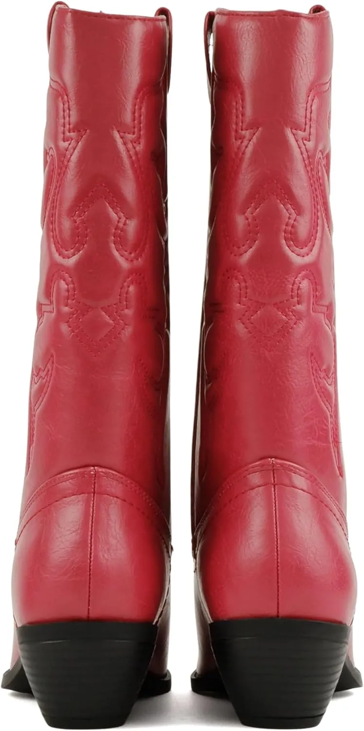 Soda “Rodeo” ~ Women's Knee High Western Cowboy Boots with Stitched Detailing, Pointed Toe, and Low Block Heel
