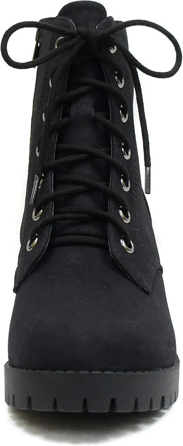 Soda Single Lug Sole Chunky Heel Combat Ankle Boot Lace up w/Side Zipper