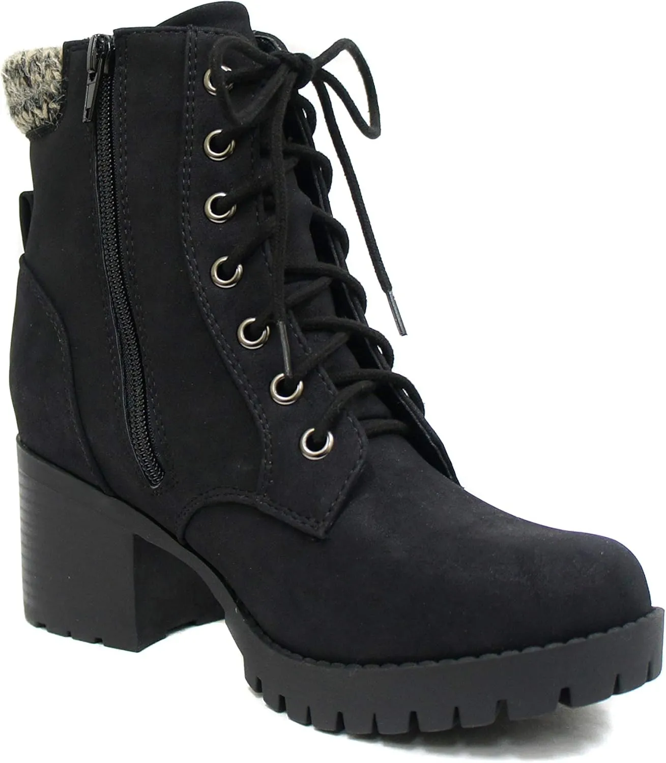 Soda Single Lug Sole Chunky Heel Combat Ankle Boot Lace up w/Side Zipper