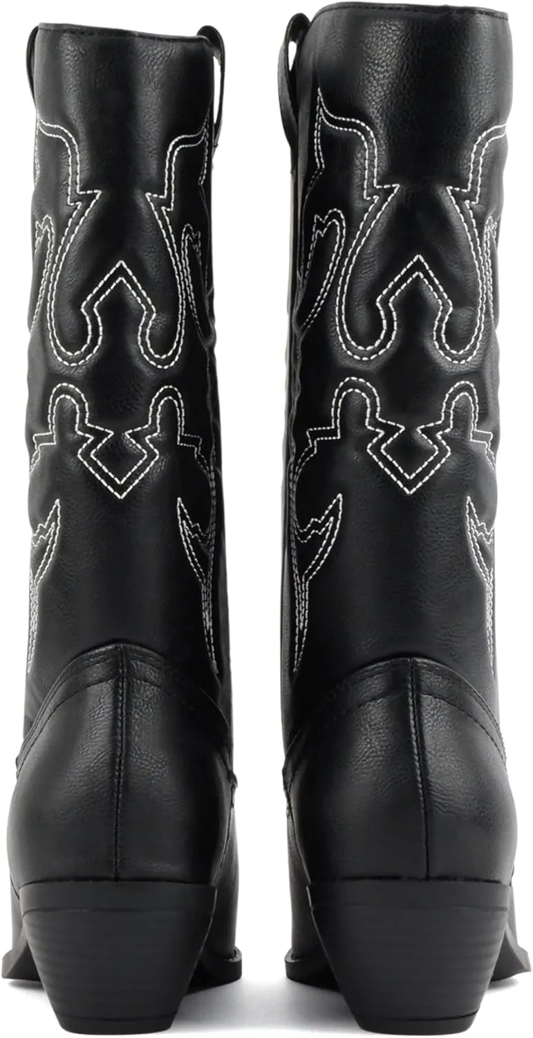 Soda “TELLER” ~ Women's Western Cowboy Boots with Stitched Detailing, Pointed Toe, and Low Block Heel