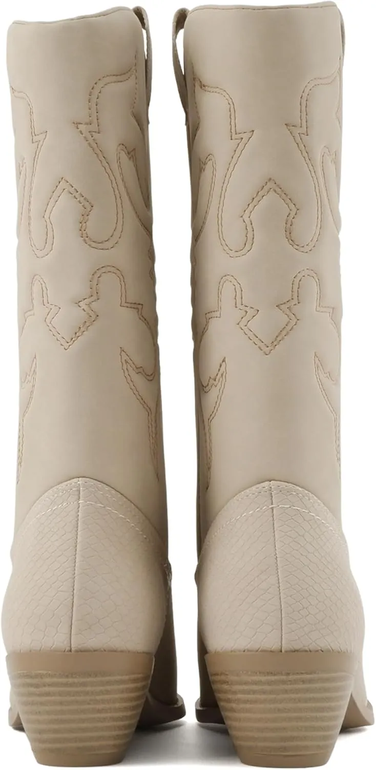 Soda “TELLER” ~ Women's Western Cowboy Boots with Stitched Detailing, Pointed Toe, and Low Block Heel