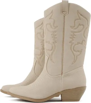 Soda “TELLER” ~ Women's Western Cowboy Boots with Stitched Detailing, Pointed Toe, and Low Block Heel