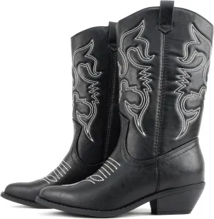 Soda “TELLER” ~ Women's Western Cowboy Boots with Stitched Detailing, Pointed Toe, and Low Block Heel