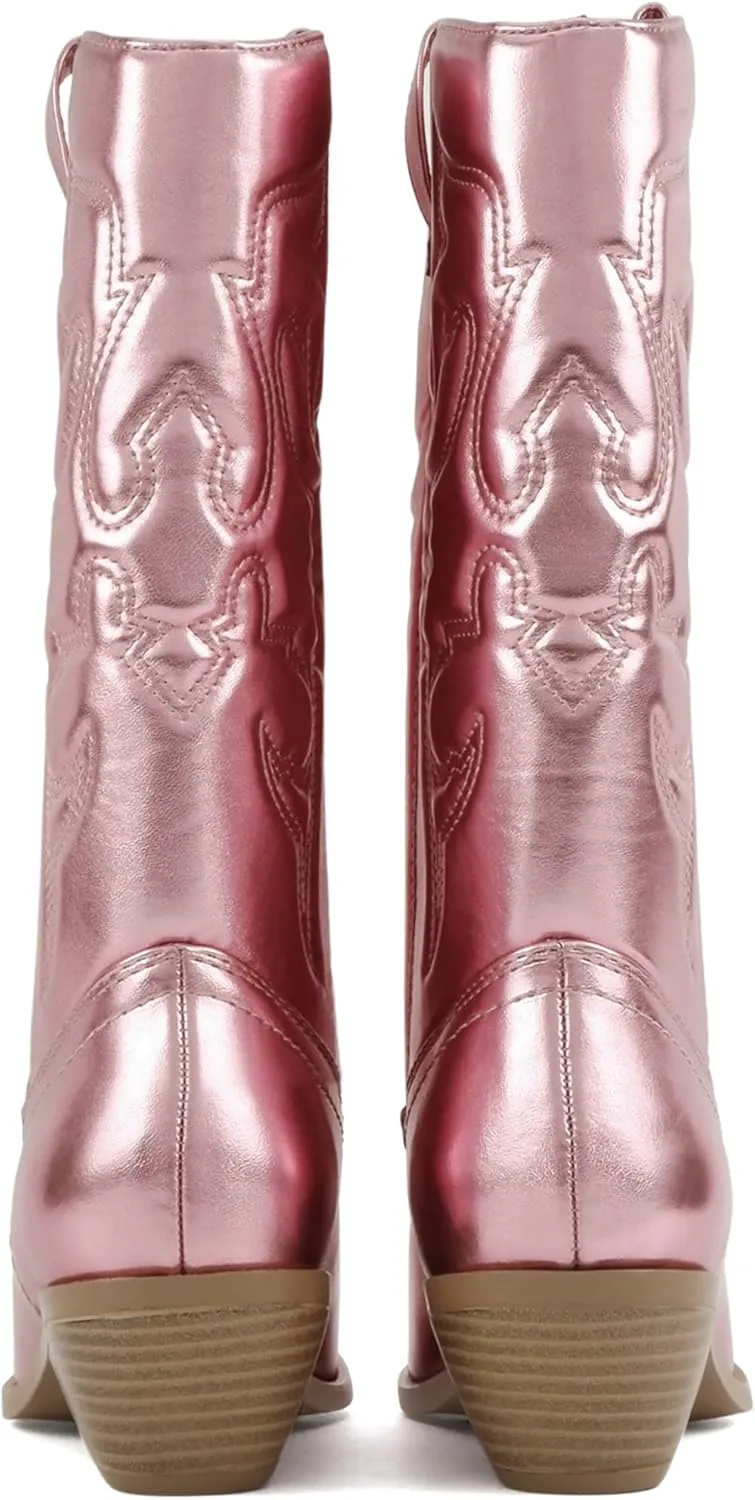 Soda “TELLER” ~ Women's Western Cowboy Boots with Stitched Detailing, Pointed Toe, and Low Block Heel
