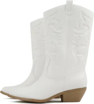 Soda “TELLER” ~ Women's Western Cowboy Boots with Stitched Detailing, Pointed Toe, and Low Block Heel