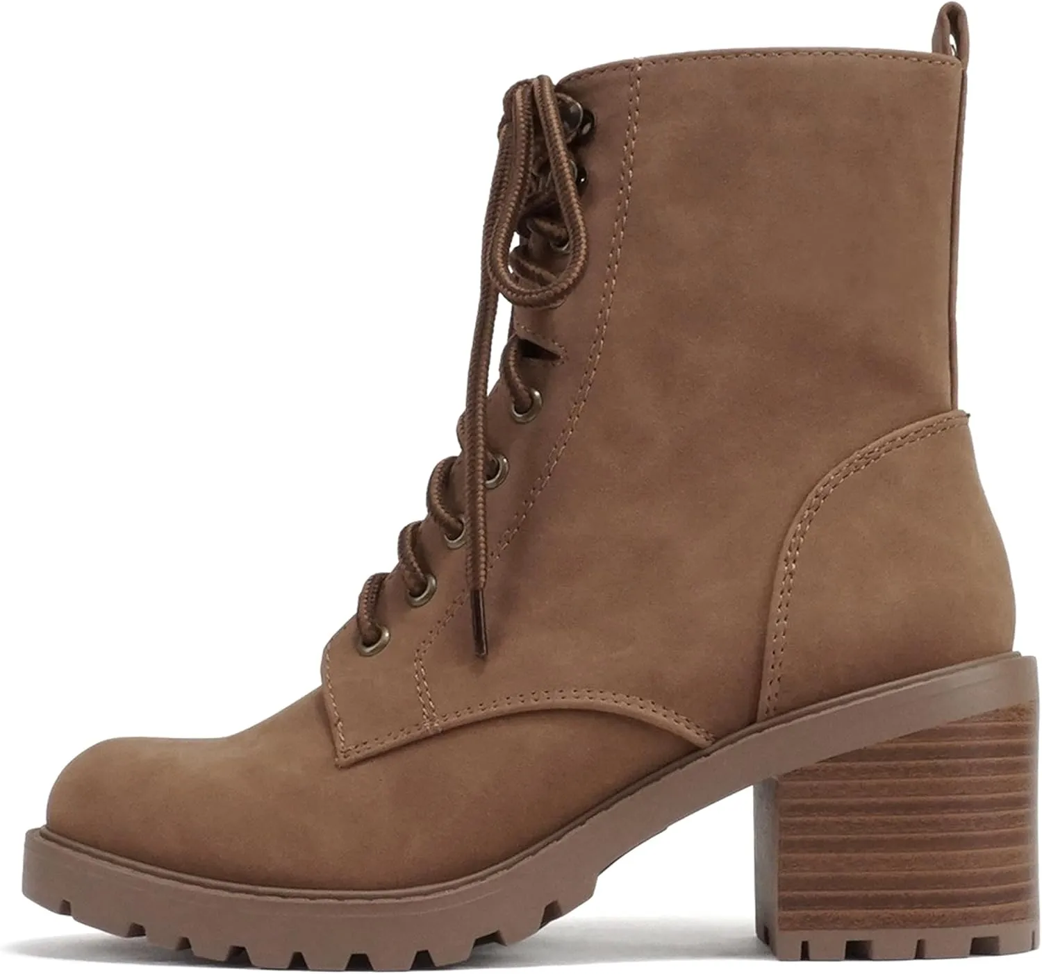 Soda “VELOUR” ~ Women Round Toe Lace-Up Lug Sole Medium Stack Heel Mid Shaft Combat Boot with Side Zipper