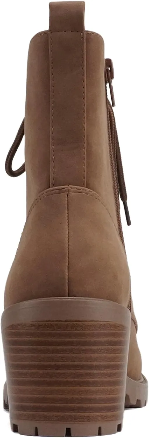 Soda “VELOUR” ~ Women Round Toe Lace-Up Lug Sole Medium Stack Heel Mid Shaft Combat Boot with Side Zipper