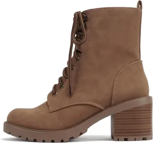 Soda “VELOUR” ~ Women Round Toe Lace-Up Lug Sole Medium Stack Heel Mid Shaft Combat Boot with Side Zipper