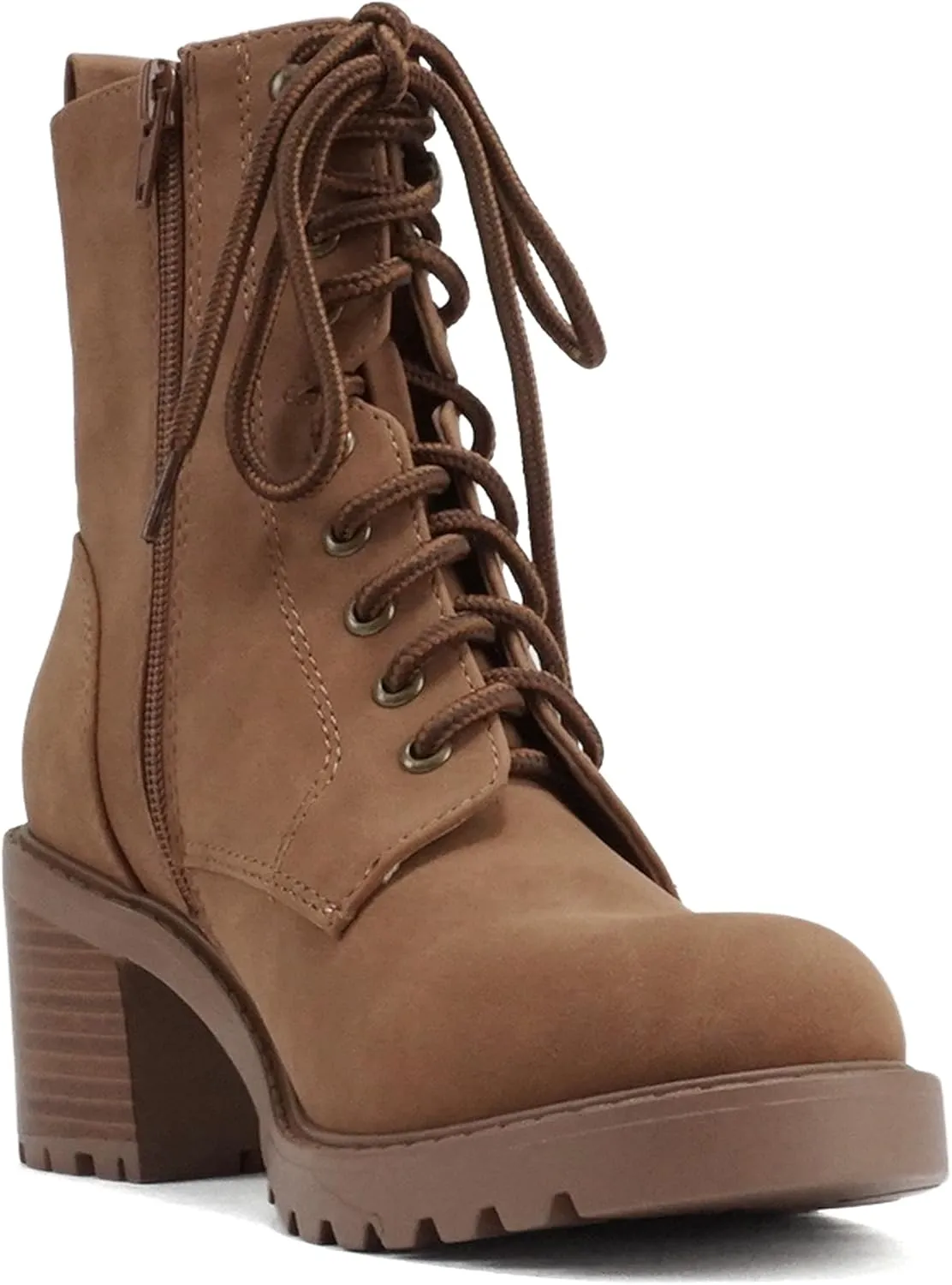 Soda “VELOUR” ~ Women Round Toe Lace-Up Lug Sole Medium Stack Heel Mid Shaft Combat Boot with Side Zipper