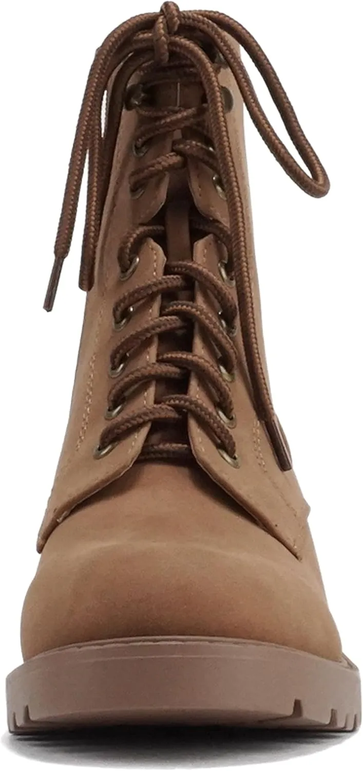 Soda “VELOUR” ~ Women Round Toe Lace-Up Lug Sole Medium Stack Heel Mid Shaft Combat Boot with Side Zipper