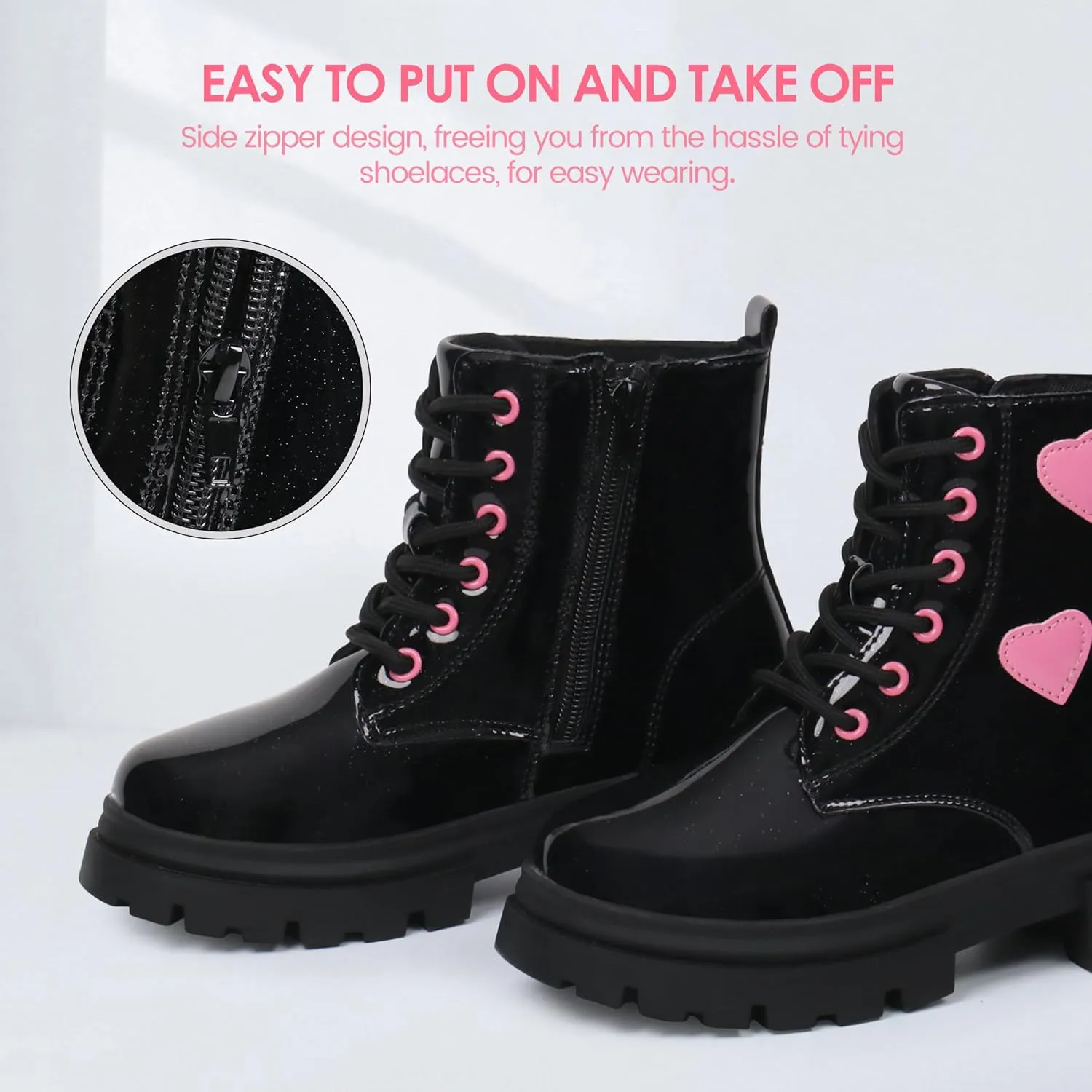 starmerx Girls Ankle Boots Lace Up Combat Boot Side Zipper Comfortable Boys Boots