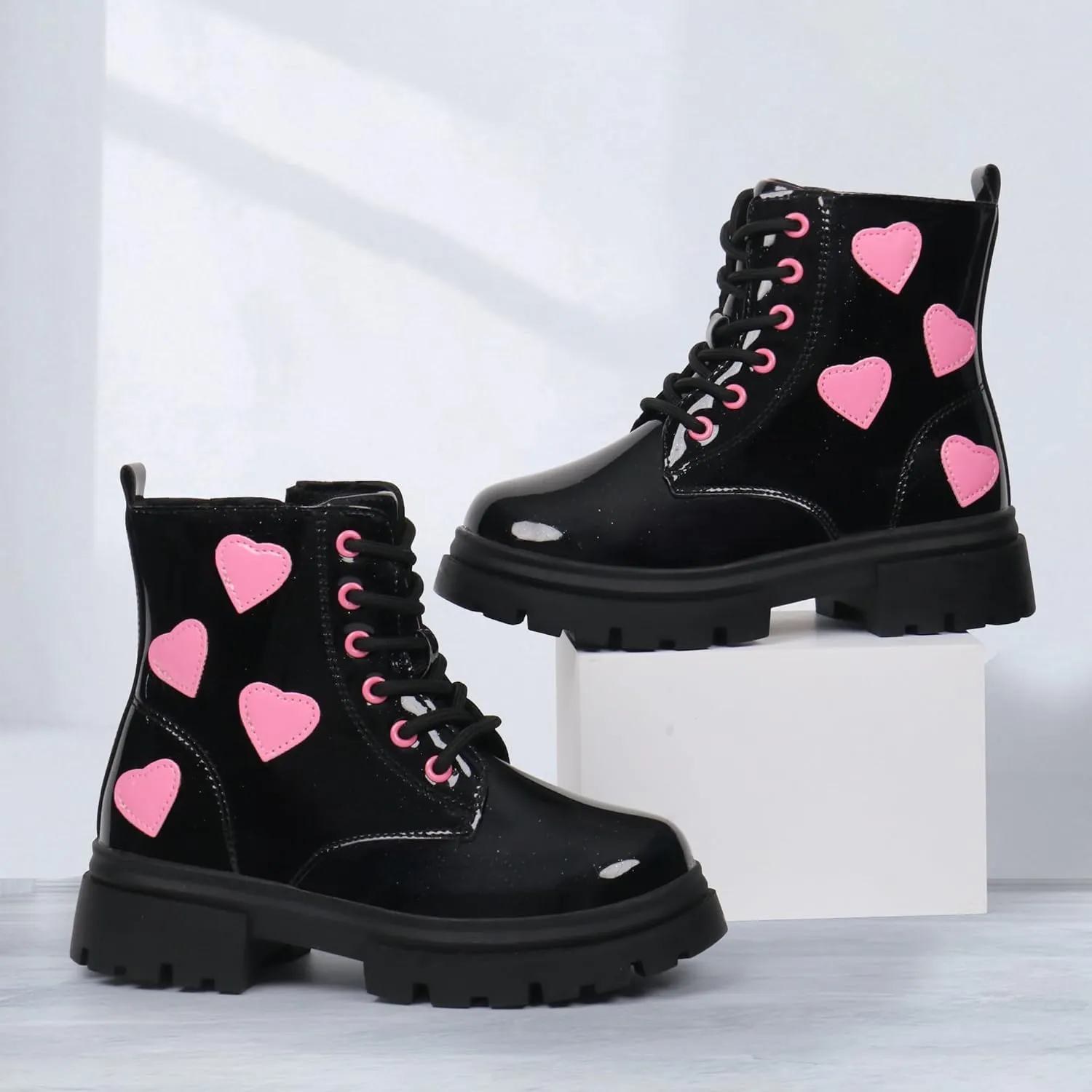 starmerx Girls Ankle Boots Lace Up Combat Boot Side Zipper Comfortable Boys Boots