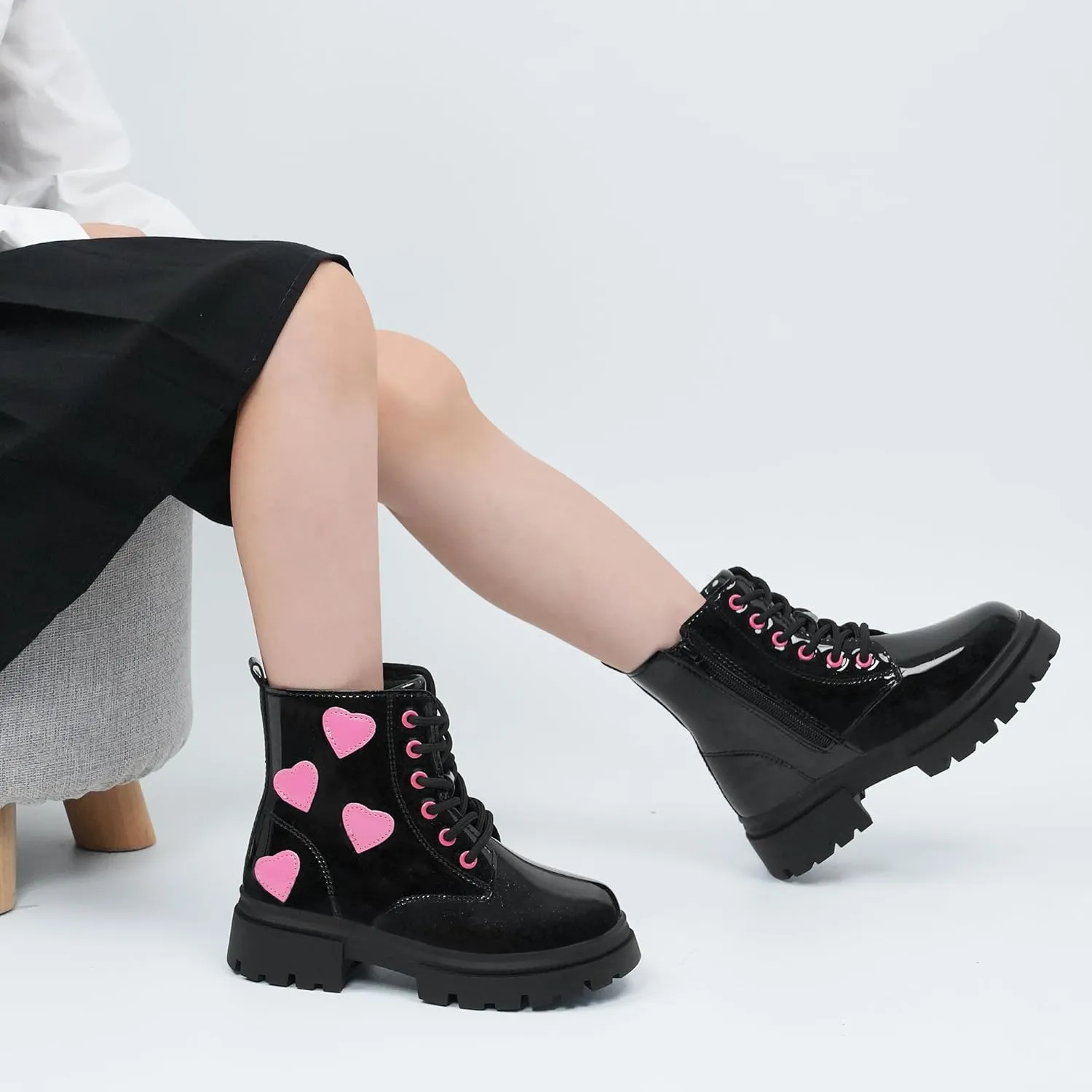 starmerx Girls Ankle Boots Lace Up Combat Boot Side Zipper Comfortable Boys Boots