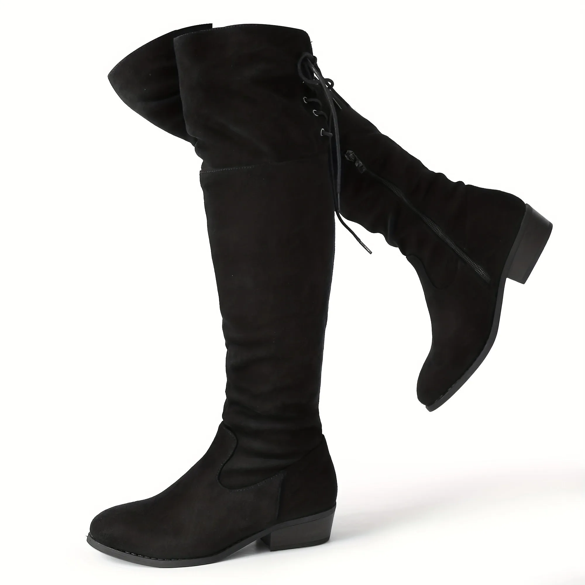 Stylish Thigh High Boots for Women - Over The Knee, Black, Low Flat Heel, Comfortable, Versatile, and Chic - Perfect for Daily Wear, Party, or Work