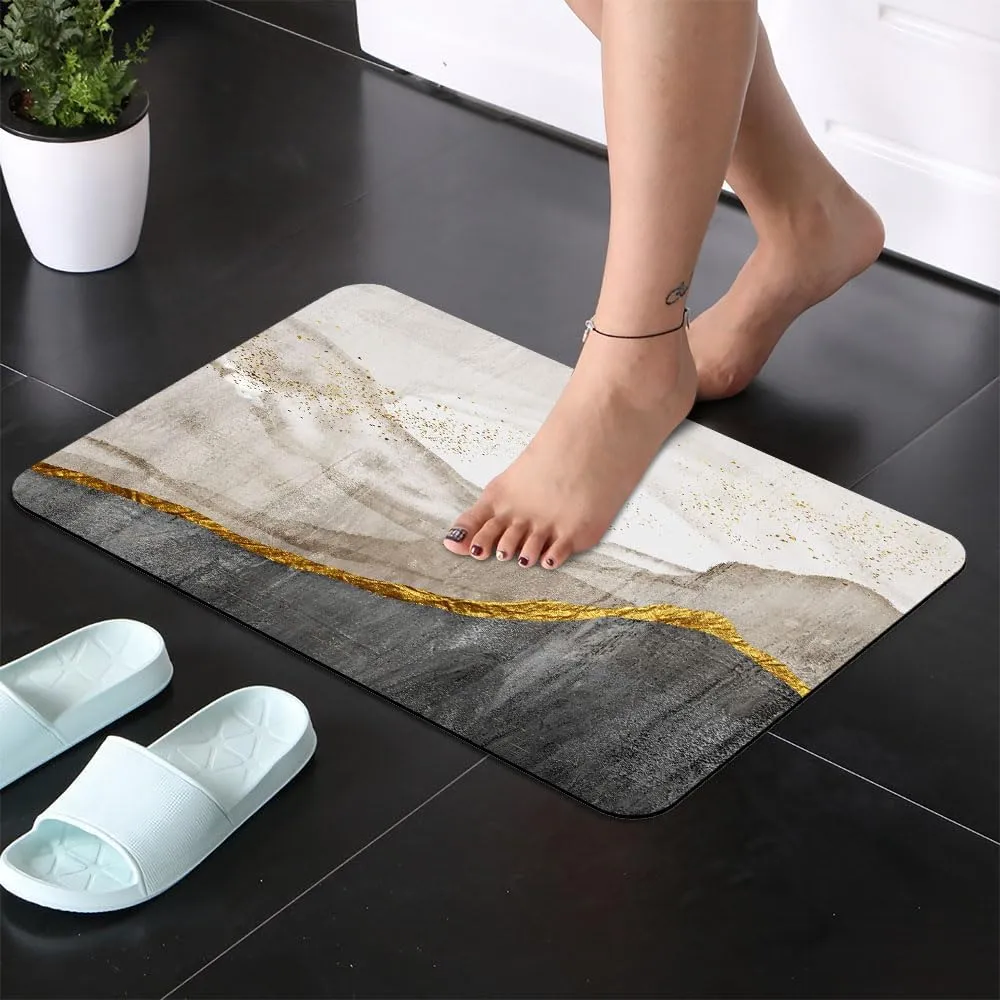 Super Absorbent Diatomaceous Earth Stone Bath Mat,Black Coffee Gold Marble Quick-Drying Bathroom Carpets,Non Slip Bathtub Floor Mat，Easy to Clean, Simple Kitchen Doormat(Square 43×70cm)