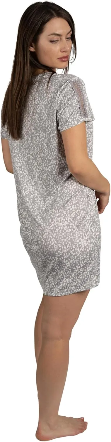 TAHARI Women's Short Sleeve V-Neck Ribbed Nightshirt with Lace Sleeve