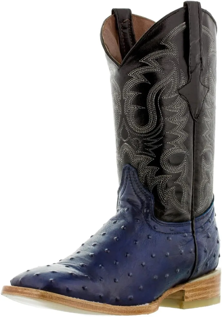 Texas Legacy Mens Blue Western Leather Cowboy Boots Ostrich Quill Print Square 8 E US