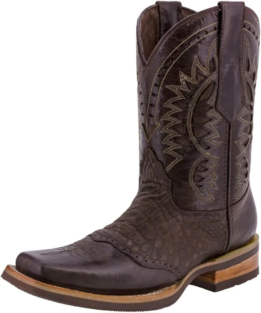 Texas Legacy Mens Brown Western Leather Cowboy Boots Crocodile Print Square Toe