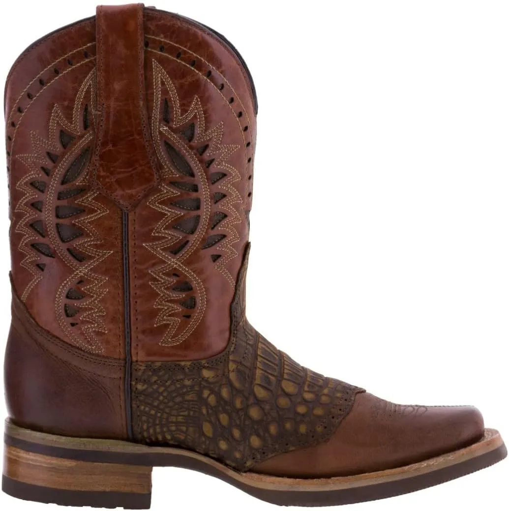 Texas Legacy Mens Chedron Western Leather Cowboy Boot Crocodile Print Square Toe