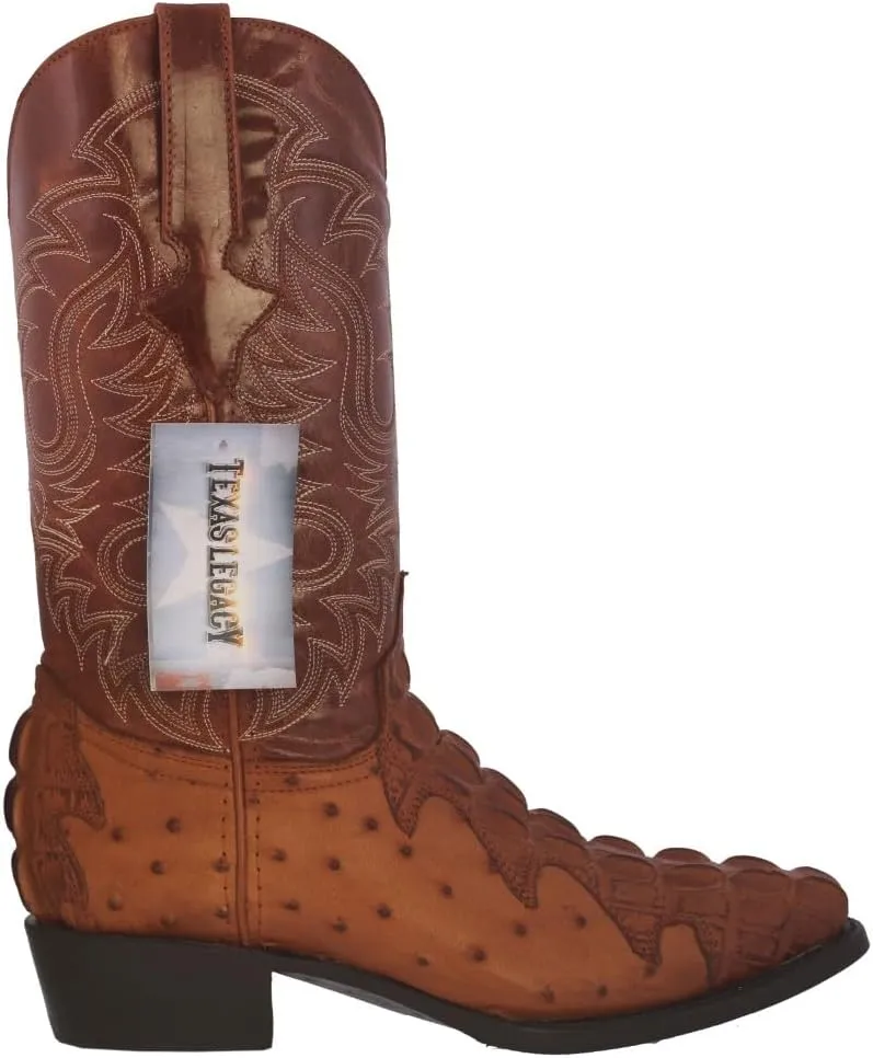 Texas Legacy Mens Cognac Western Cowboy Boots Crocodile & Ostrich Print J Toe