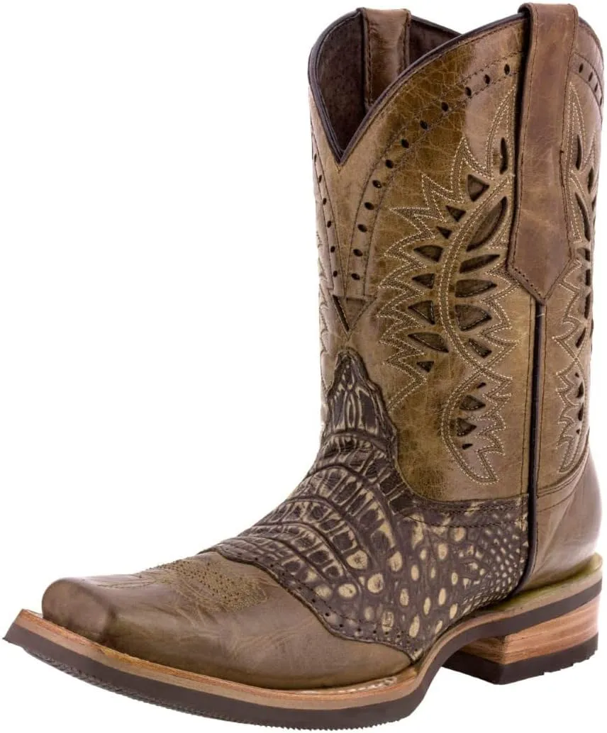 Texas Legacy Mens Sand Western Leather Cowboy Boots Crocodile Print Square Toe