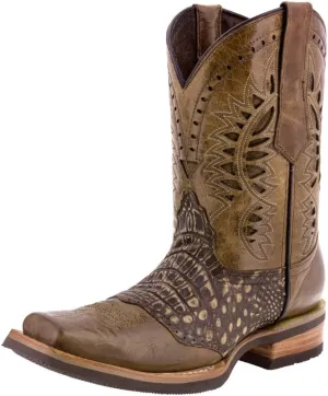 Texas Legacy Mens Sand Western Leather Cowboy Boots Crocodile Print Square Toe