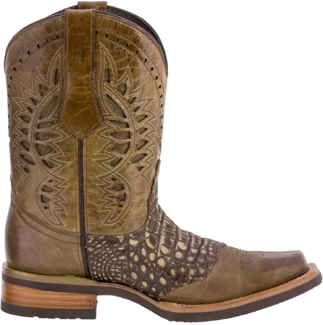 Texas Legacy Mens Sand Western Leather Cowboy Boots Crocodile Print Square Toe