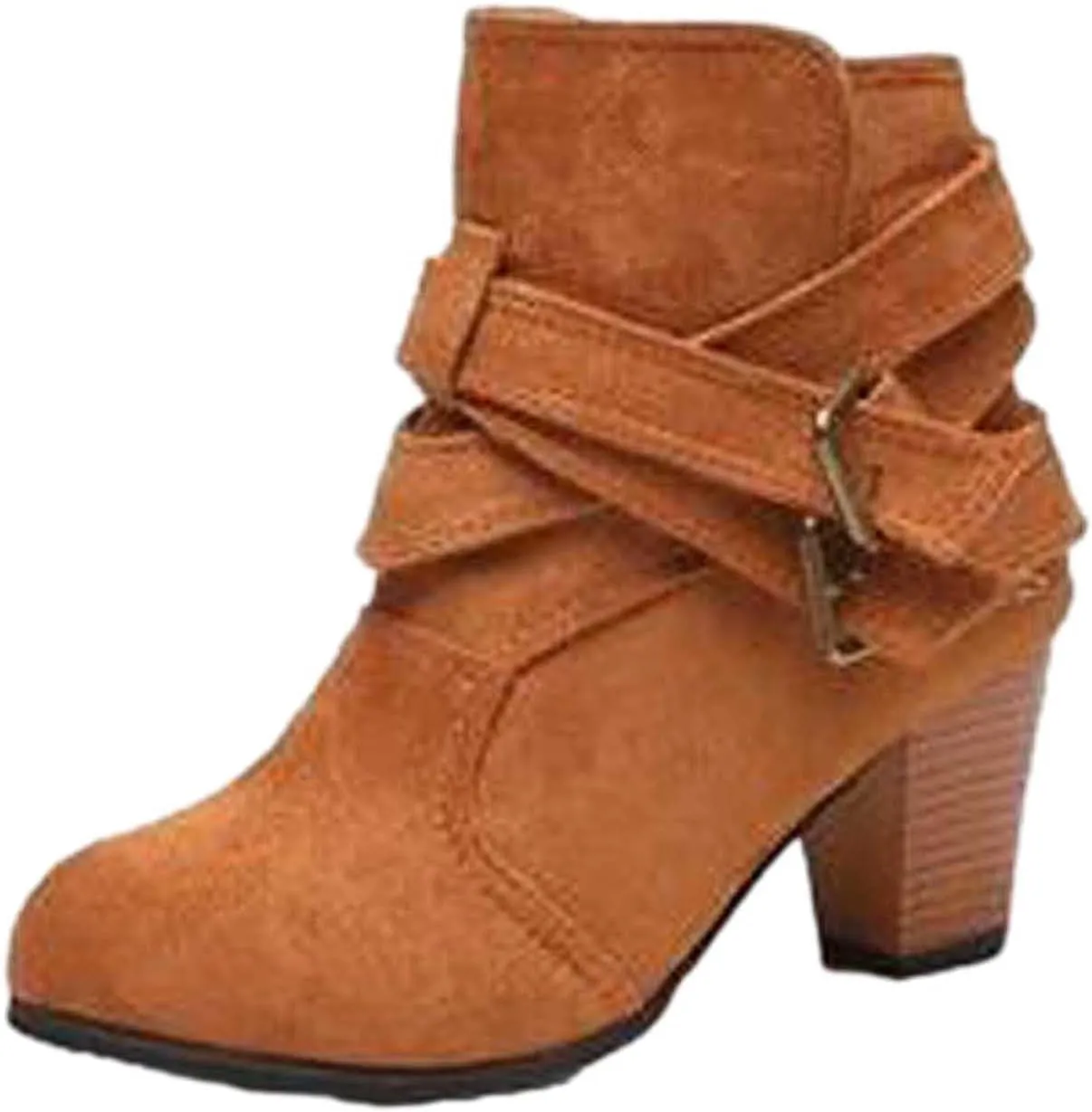 Thick Heel Boots for Women Fashion Criss Strap Double Buckle Pointed Toe High Heels Ankle Booties Winter Comfortable Casual Square Heel Shoes
