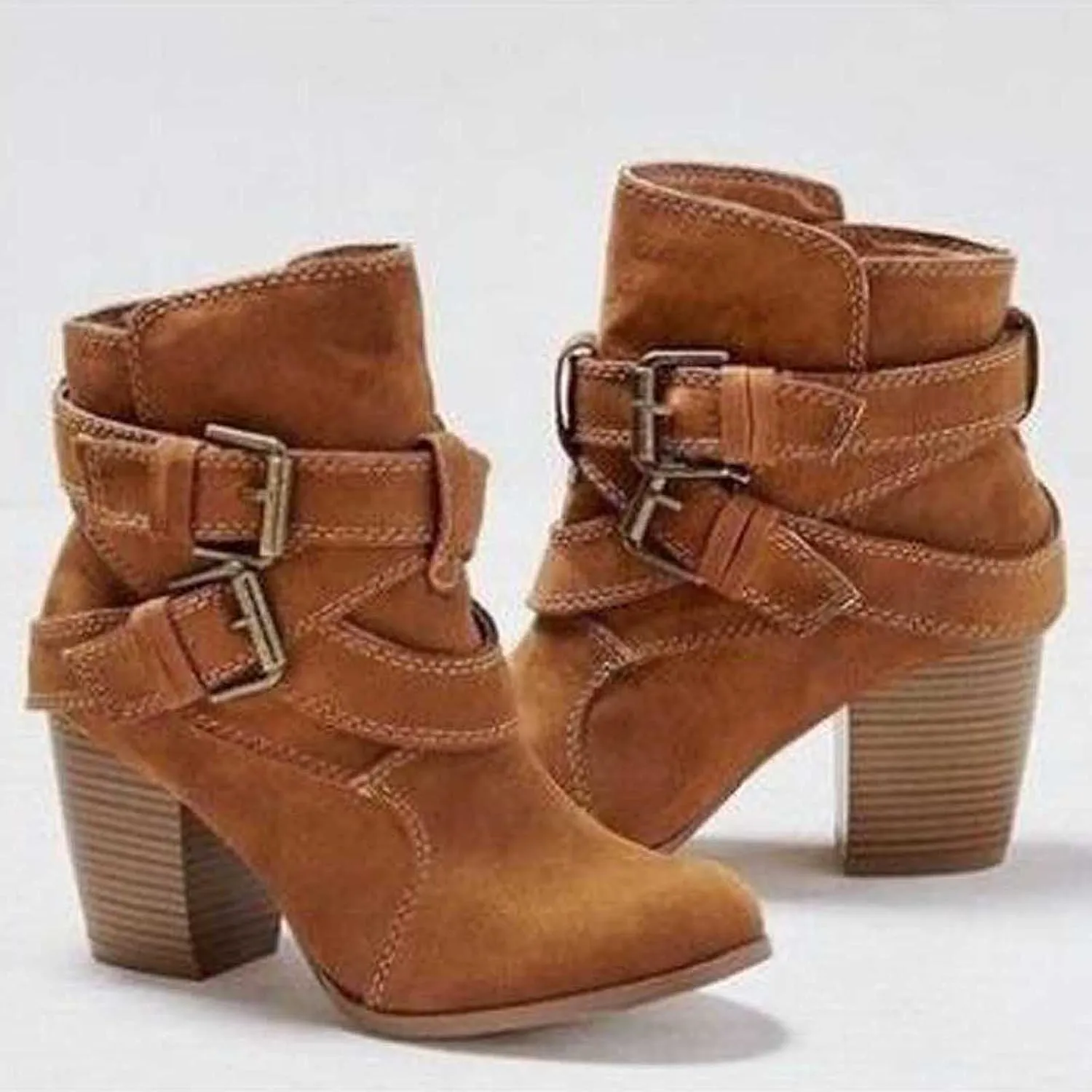 Thick Heel Boots for Women Fashion Criss Strap Double Buckle Pointed Toe High Heels Ankle Booties Winter Comfortable Casual Square Heel Shoes