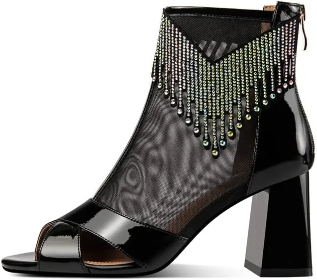 TinaCus Patent Leather & Mesh Peep Toe Handmade Zipper Chunky Heels Women's Summer Boots with Tassels