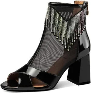 TinaCus Patent Leather & Mesh Peep Toe Handmade Zipper Chunky Heels Women's Summer Boots with Tassels