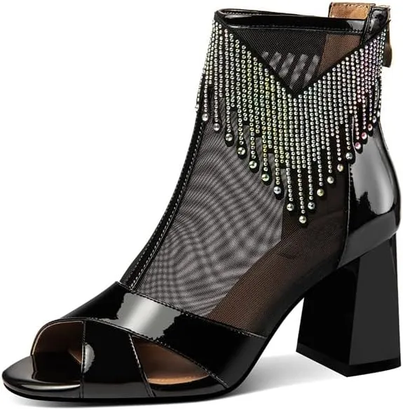 TinaCus Patent Leather & Mesh Peep Toe Handmade Zipper Chunky Heels Women's Summer Boots with Tassels