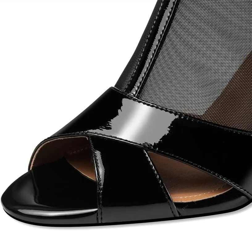 TinaCus Patent Leather & Mesh Peep Toe Handmade Zipper Chunky Heels Women's Summer Boots with Tassels