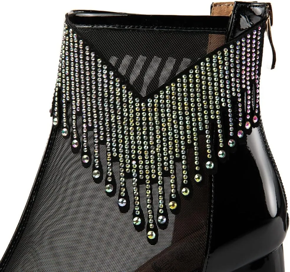 TinaCus Patent Leather & Mesh Peep Toe Handmade Zipper Chunky Heels Women's Summer Boots with Tassels