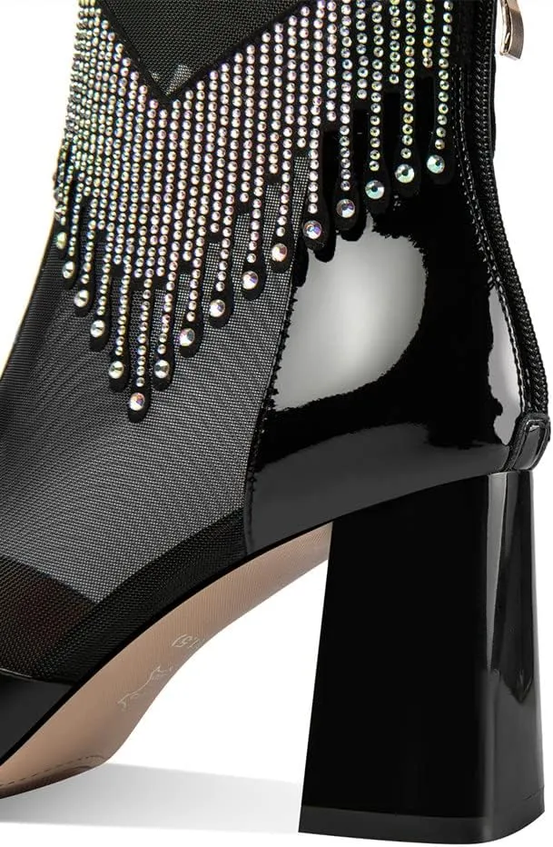 TinaCus Patent Leather & Mesh Peep Toe Handmade Zipper Chunky Heels Women's Summer Boots with Tassels