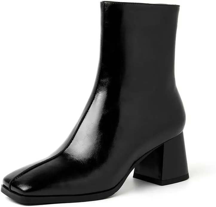TinaCus Women's Genuine Leather Square Toe Handmade Zipper Mid Chunky Heels Trendy Booties