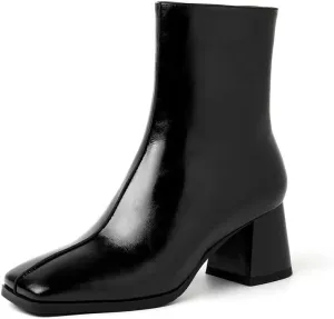 TinaCus Women's Genuine Leather Square Toe Handmade Zipper Mid Chunky Heels Trendy Booties