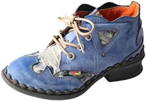 TMA EYES Women's leather printed patchwork ankle boots lace-up fashion shoes