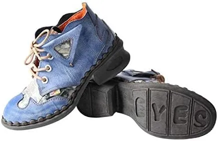 TMA EYES Women's leather printed patchwork ankle boots lace-up fashion shoes
