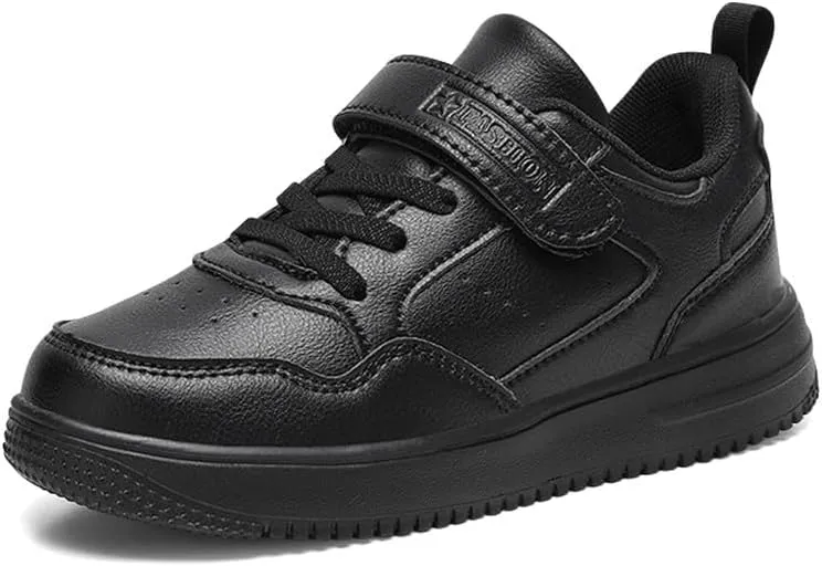 Toddler Boys Girls Slip On Sneakers Lightweight Breathable Athletic Running Sneakers Uniform Low Top Sneakers Little Kid Unisex Walking Shoes Lazy Shoes with Hook and Loops, C-black Pu