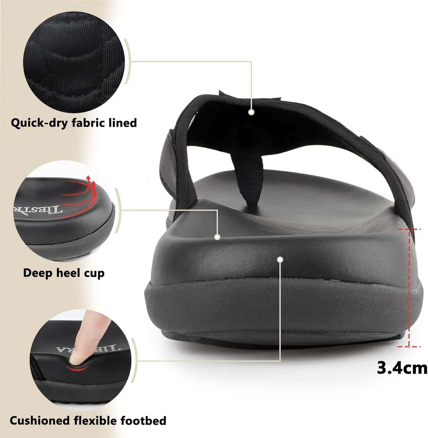 Ultra Soft Cushion Beach Flip Flops with Arch Support Thick Sport Sandals for Men Comfort Casual Thong Sandal Slip On Indoor Outdoor Durable Outsole, Water Friendly