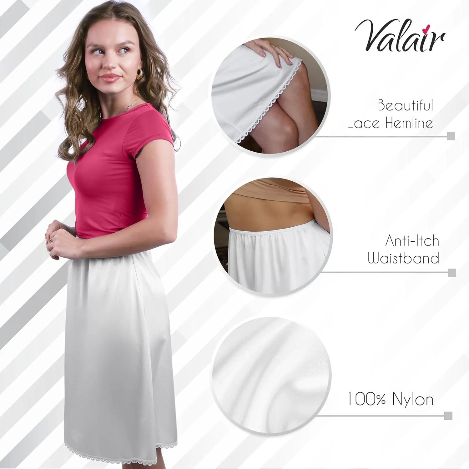 Valair Classic Short and Long Half Slip Skirt for Ladies and Girls - Slight Flair - Anti Static - Ranges 14" Till 34"
