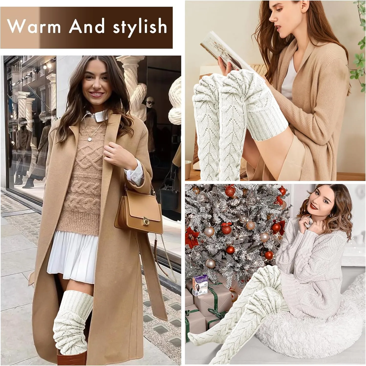 VIBILIA Women's Thigh High Socks Cable Knit Winter Boot Socks Over the Knee Extra Long Leg Warmers