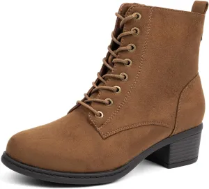 VJH confort Women's Fashion Ankle Boots Low Heels Chunky Lace-up Combat Bootie with Side Zipper
