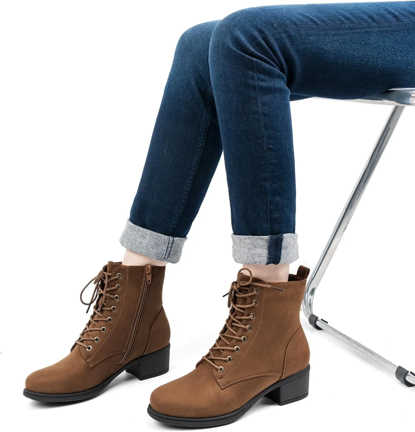VJH confort Women's Fashion Ankle Boots Low Heels Chunky Lace-up Combat Bootie with Side Zipper