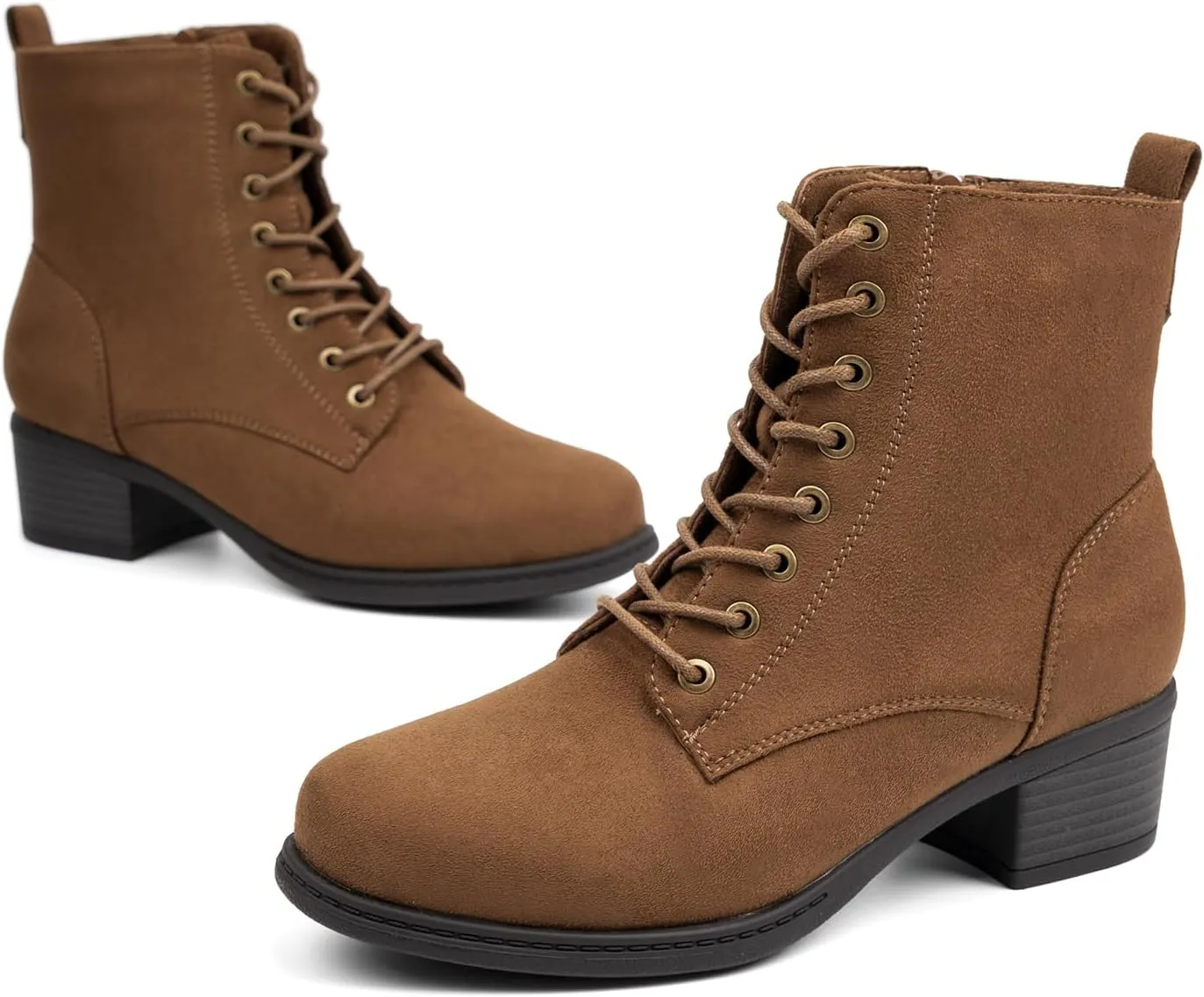 VJH confort Women's Fashion Ankle Boots Low Heels Chunky Lace-up Combat Bootie with Side Zipper